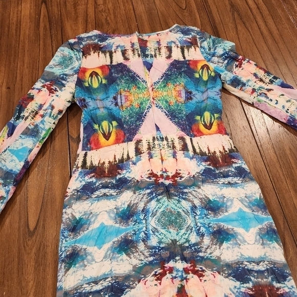 White suede brand Long sleeve bodycon fitted art multicolor abstract mini dress - Picture 5 of 15